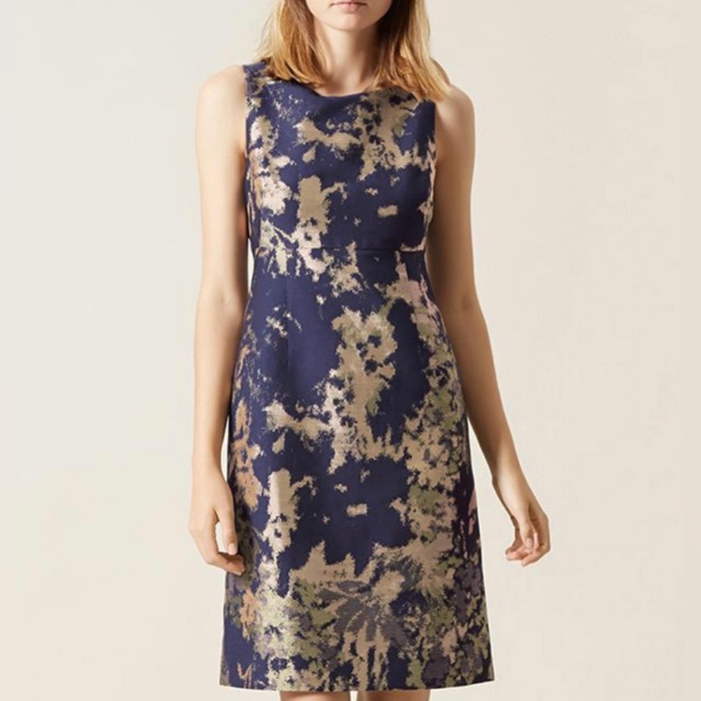 Sleeveless Navy and Gold Jacquard Midi Dress
